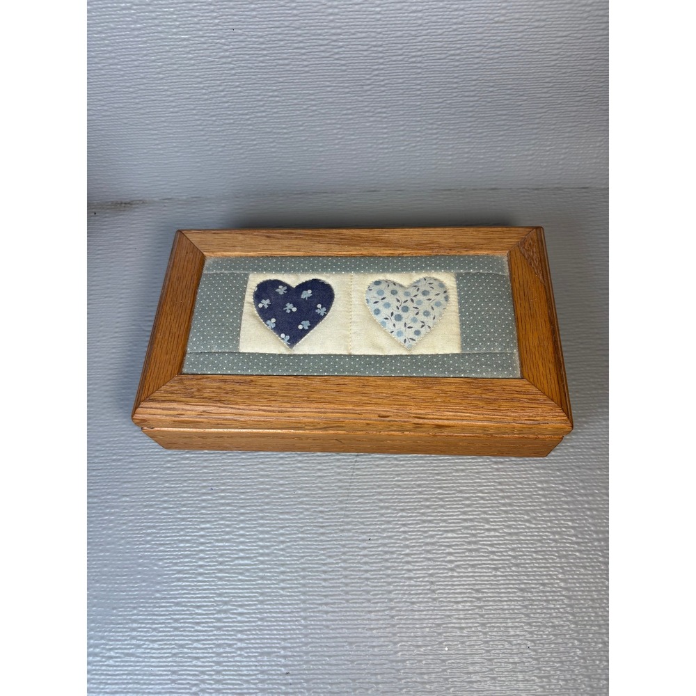 Vintage Oak Trinket Box Quilted Heart Inlay Blue Country‎ Decor